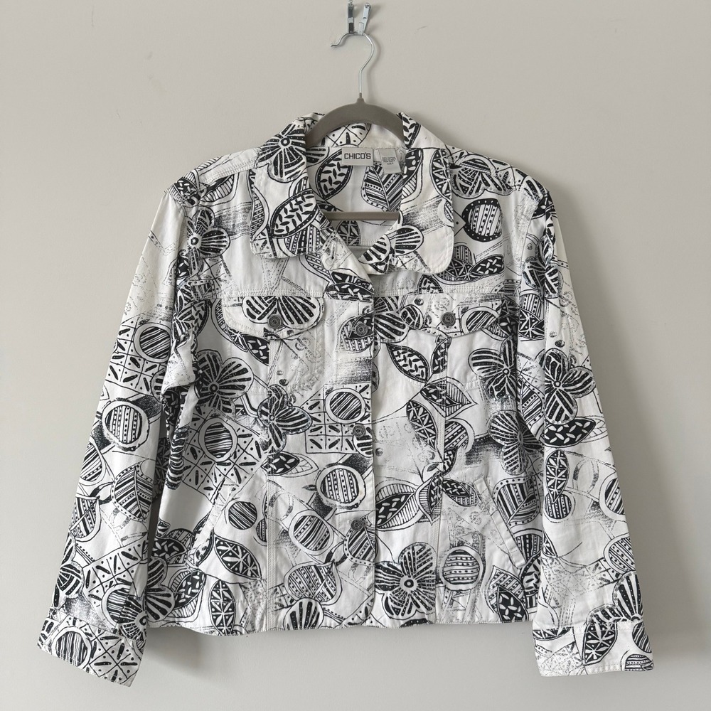 Chicos Cotton Jacket Womens 2 L White Black Floral Abstract‎ Sequin Coat